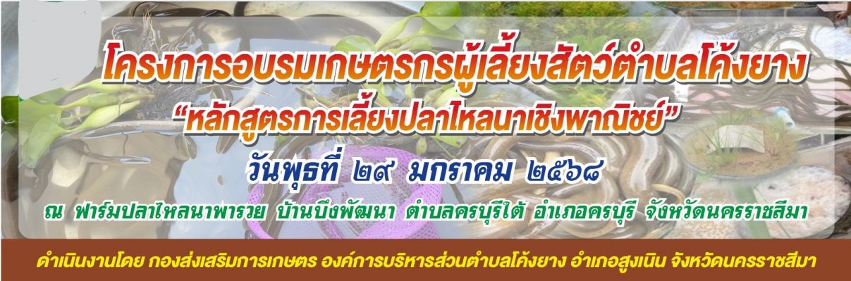 ประชาสัมพันธ์ดครงการอบรมเกษตรกรผู้เลี้ยงสัตว์ตำบลโค้งยาง หลักสูตรการเลี้ยงปลาไหลนาเชิงพาณิชย์